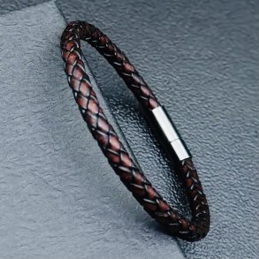 M�rkebrunt flettet herre armb�nd i �gte l�der